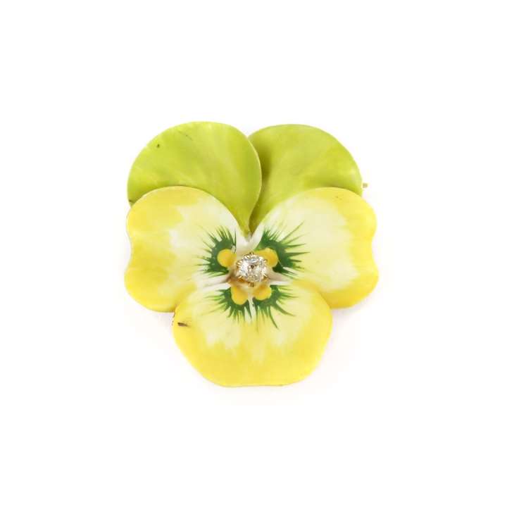 Antique yellow and green enamel and diamond pansy brooch